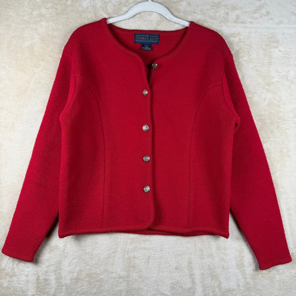 Herman Geist Vintage Red 100%‎ Wool Button Front Cardigan Sweater Womens Medium